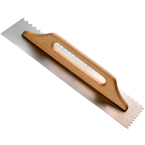 Two handed plastering trowel with teeth