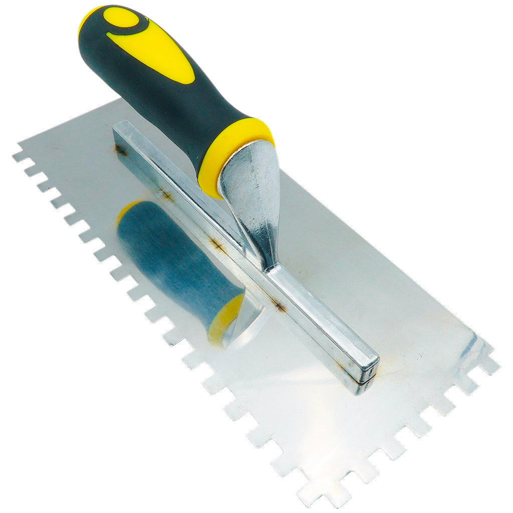 Notched stainless steel plastering trowel