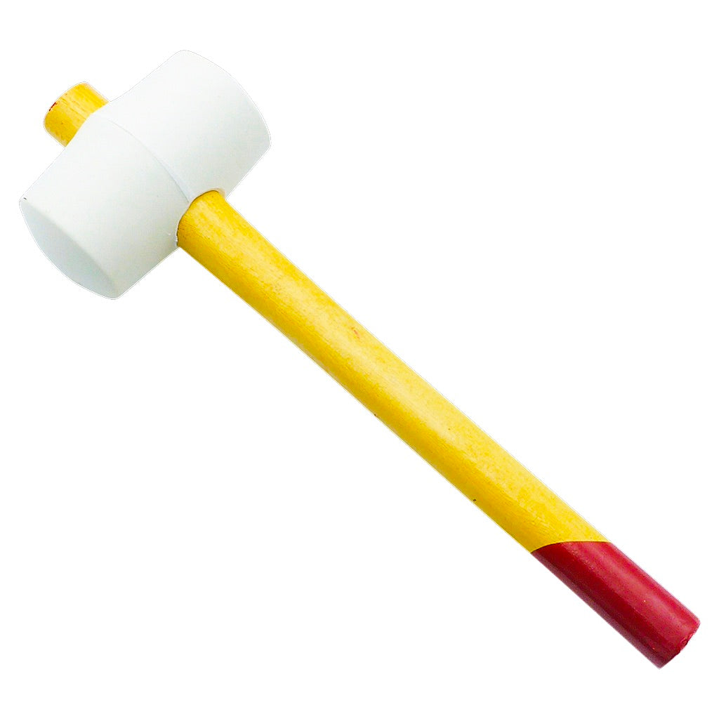 White rubber mallet with wooden handle