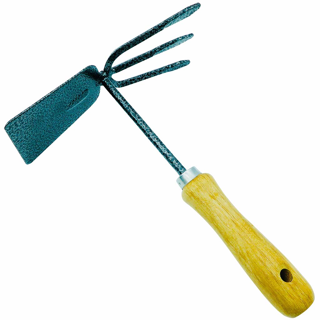 Square garden hoe with fork wooden handle