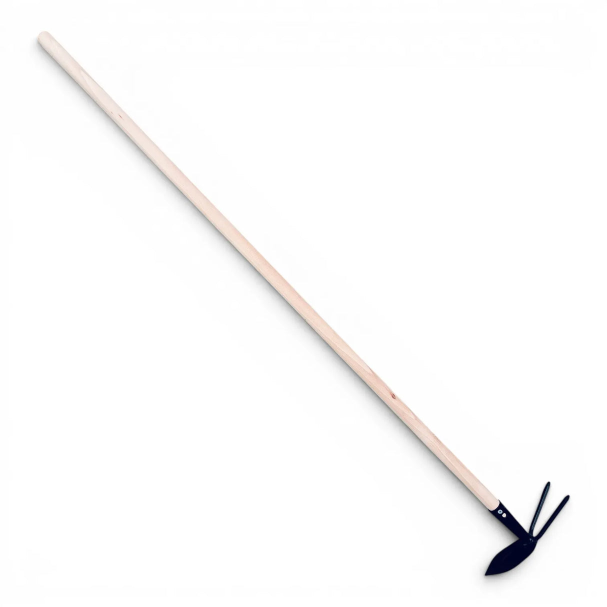 Heart-shaped hoe with prongs, conical shaft and wooden handle